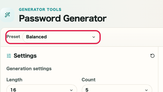Screen showing where to use Preset in Password Generator