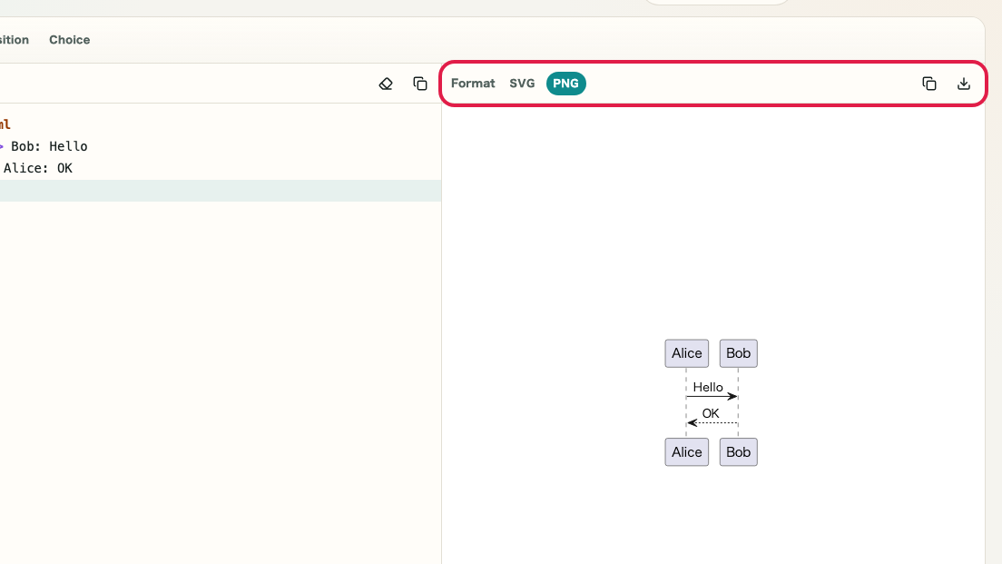 Screen showing Output format, copy, and download area in PlantUML Preview