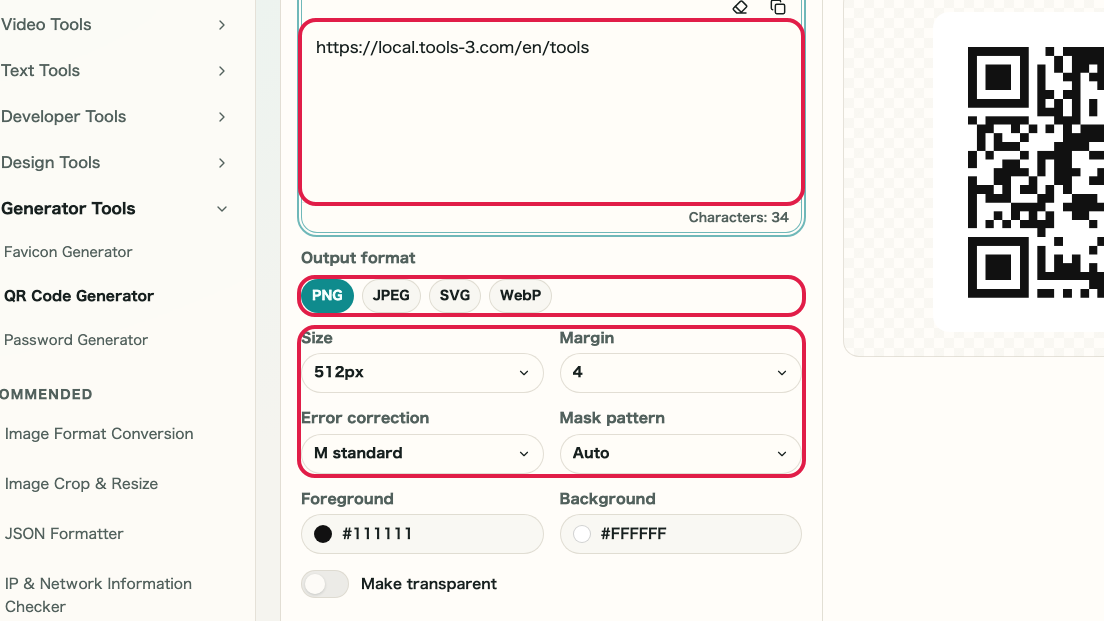 Screen showing Content input area in QR Code Generator