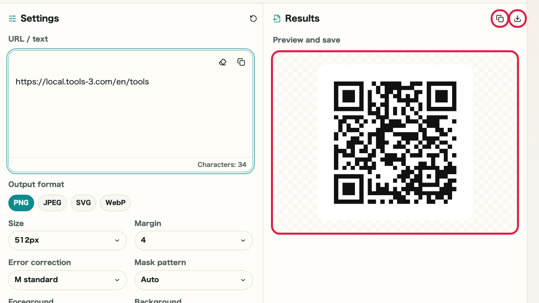 Screen showing Color, transparency, and preview area in QR Code Generator
