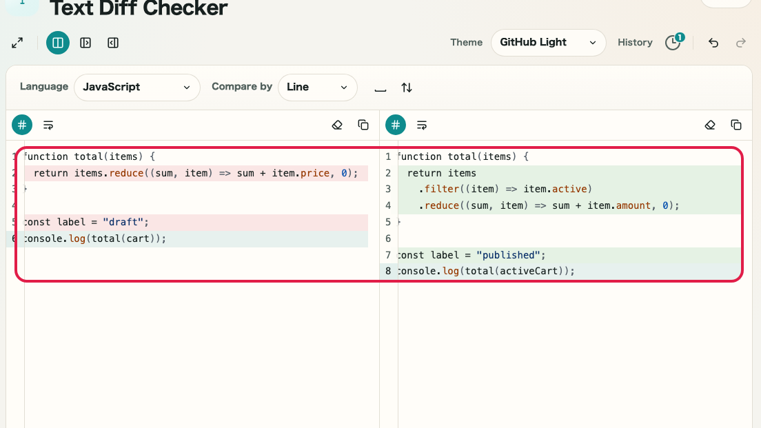 Screen showing the before and after input area in Text Diff