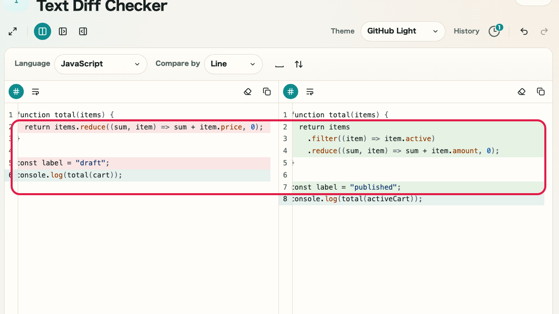 Screen showing the diff review area in Text Diff