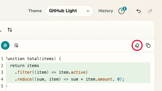 Screen showing the clear action in Text Diff