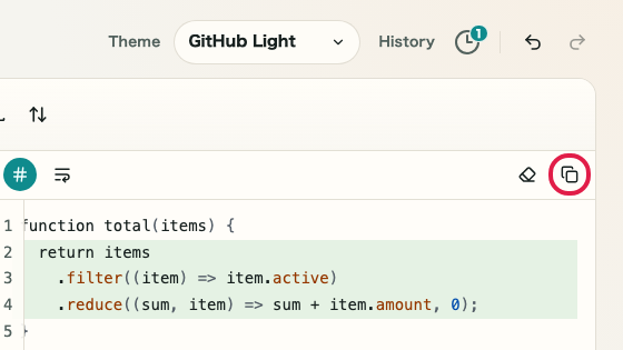 Screen showing the copy action in Text Diff