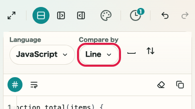 Screen showing the diff unit selector in Text Diff