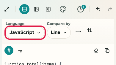Screen showing the language selector in Text Diff