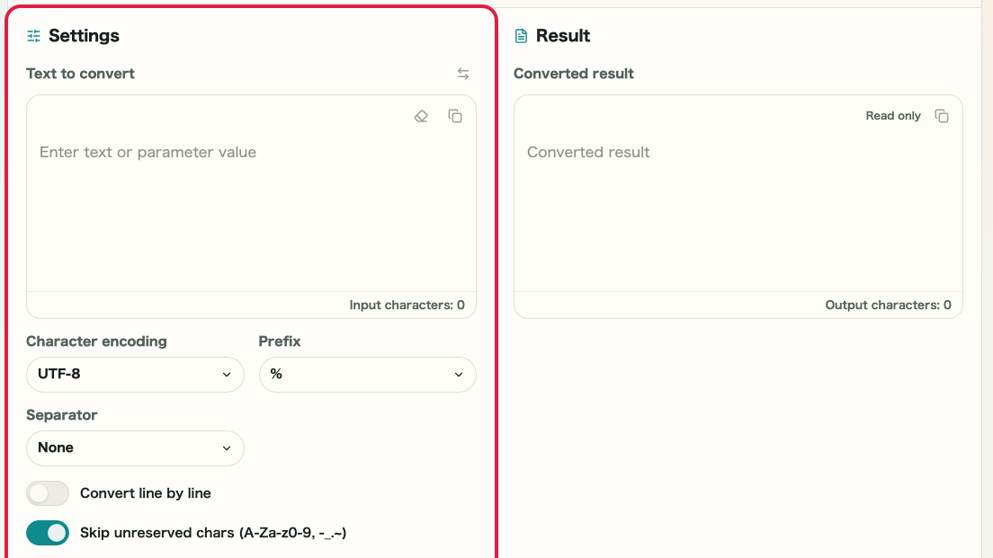 Screen showing Options area in URL Encode/Decode
