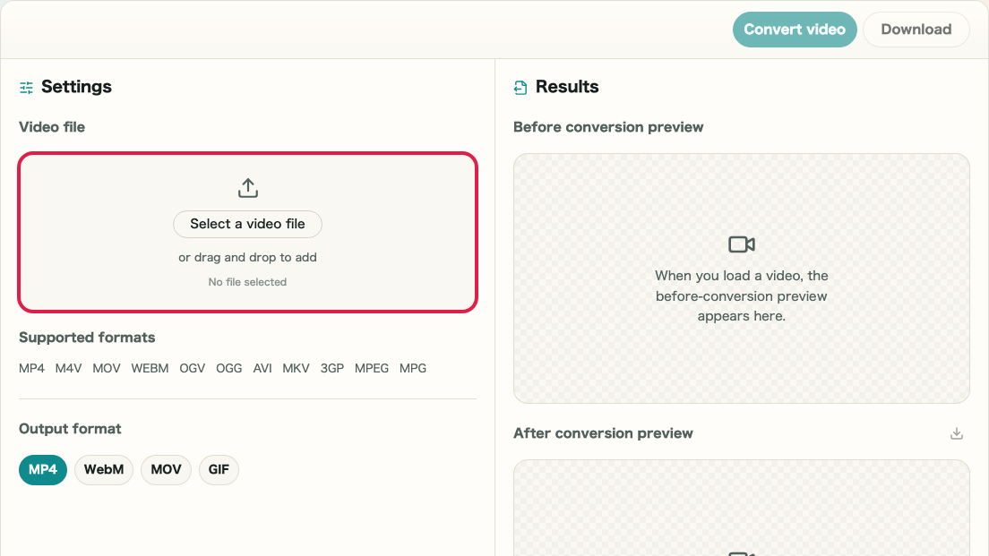 Screen showing Video input and source review area in Video Format Conversion