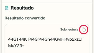 Pantalla que muestra dónde usar Copiar resultado en Codificar/Decodificar Base64