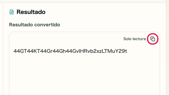 Pantalla que muestra dónde usar Copiar resultado en Codificar/Decodificar Base64