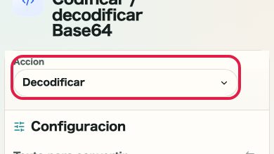 Pantalla que muestra dónde usar Preparar restauración en Codificar/Decodificar Base64