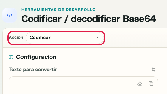 Pantalla que muestra dónde usar Convertir a Base64 en Codificar/Decodificar Base64