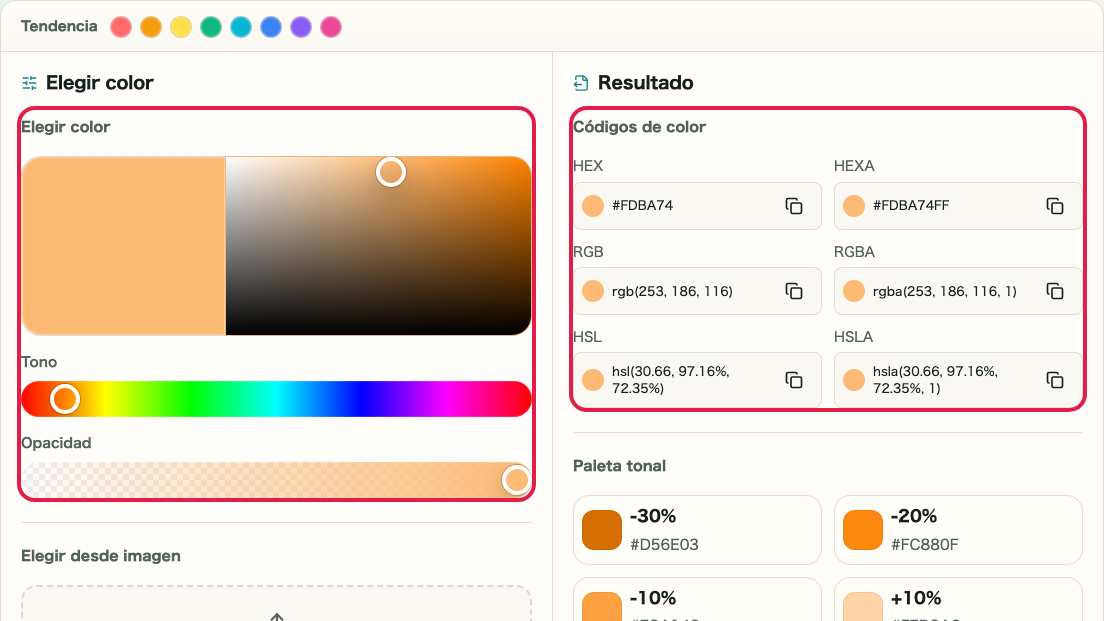 Selector 2D eligiendo un color con los códigos actualizándose en tiempo real