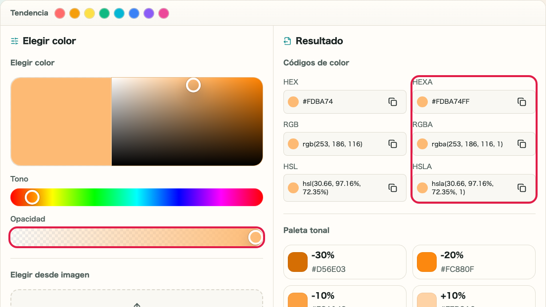 Control de transparencia y todos los formatos de código de color sincronizados