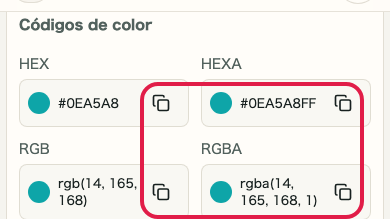 Botones de copia en el panel de códigos de color