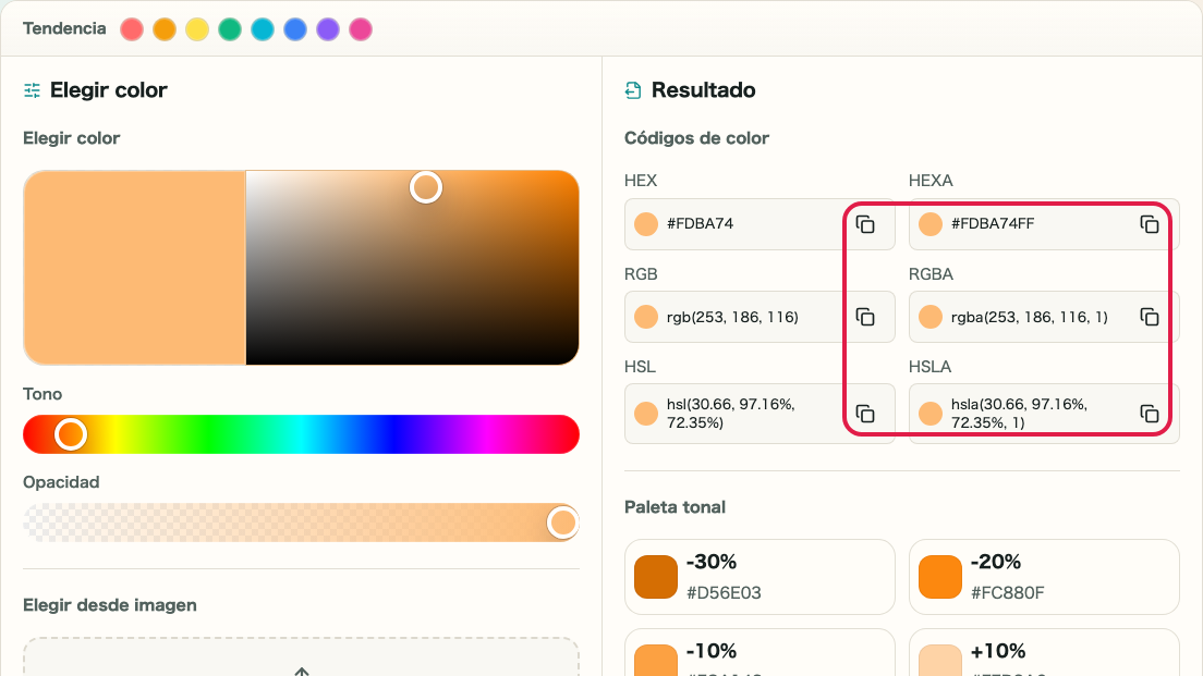 Botones de copia en el panel de códigos de color