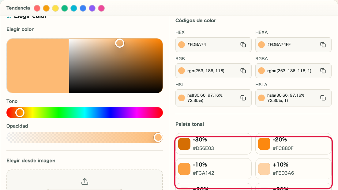 Panel de paleta tonal y colores recientes para reutilizar colores