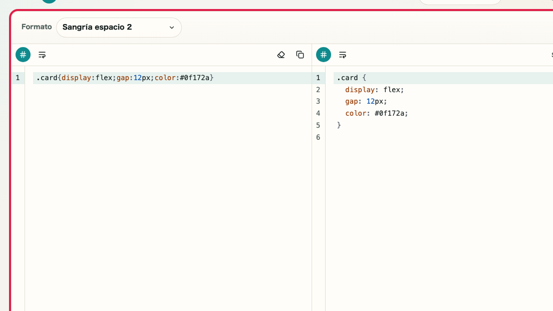 Pantalla que muestra Zona de formateo y compresión en Formateador CSS