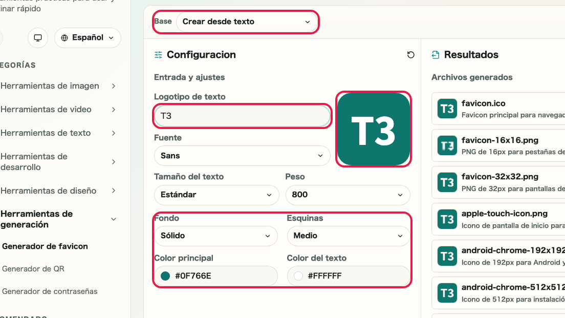 Pantalla que muestra Zona de material base en Generador de favicon