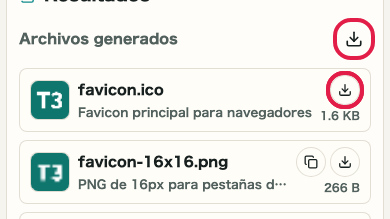 Pantalla que muestra dónde usar Ir a guardar en Generador de favicon