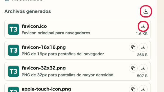 Pantalla que muestra dónde usar Ir a guardar en Generador de favicon