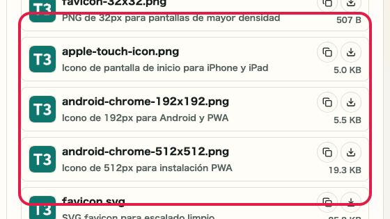 Pantalla que muestra dónde usar Vistas por tamaño en Generador de favicon