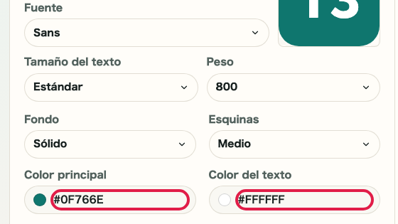 Pantalla que muestra dónde usar Ajustes de texto en Generador de favicon