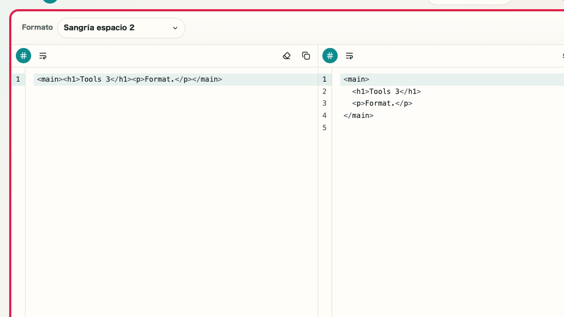 Pantalla que muestra Zona de formateo y compresión en Formateador HTML