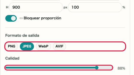 Recortar y redimensionar imagen: Formato de salida