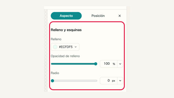 Relleno y esquinas: controles y su ubicación