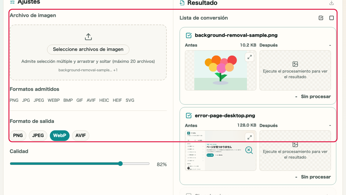 Conversión de formato de imagen: Cargar varias imágenes y seleccionar objetivos