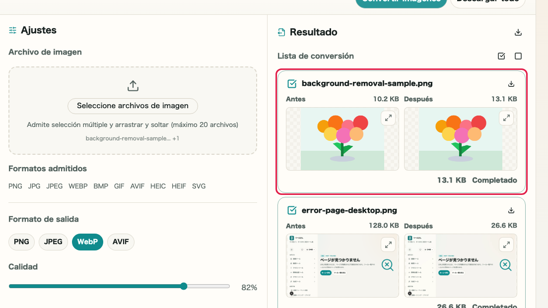 Conversión de formato de imagen: Ejecutar conversión y revisar tarjetas de resultado