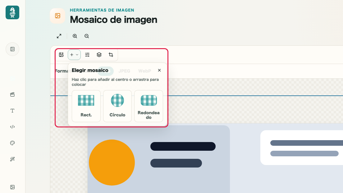 Pantalla que muestra carga de imagen y colocación de objetos de mosaico en Mosaico de imagen