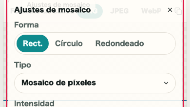 Pantalla que muestra ajustes de forma, efecto y capas en Mosaico de imagen