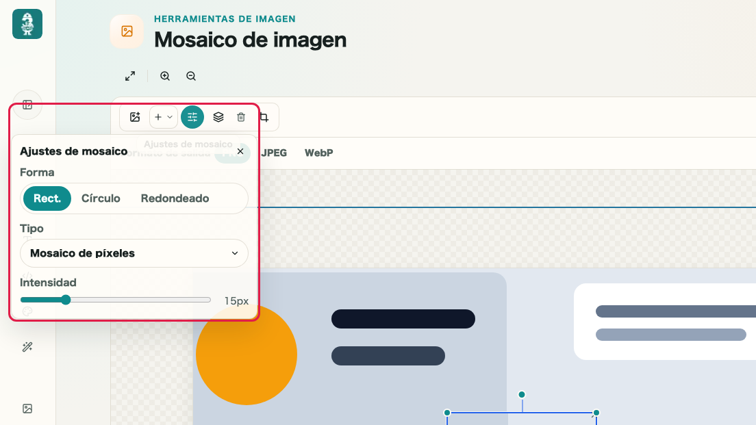 Pantalla que muestra ajustes de forma, efecto y capas en Mosaico de imagen