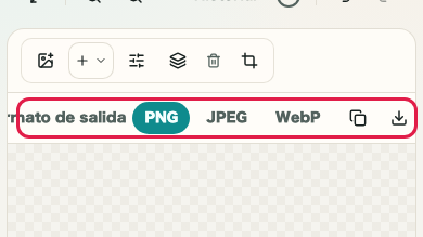 Pantalla que muestra selección de formato y acciones de guardado en Mosaico de imagen