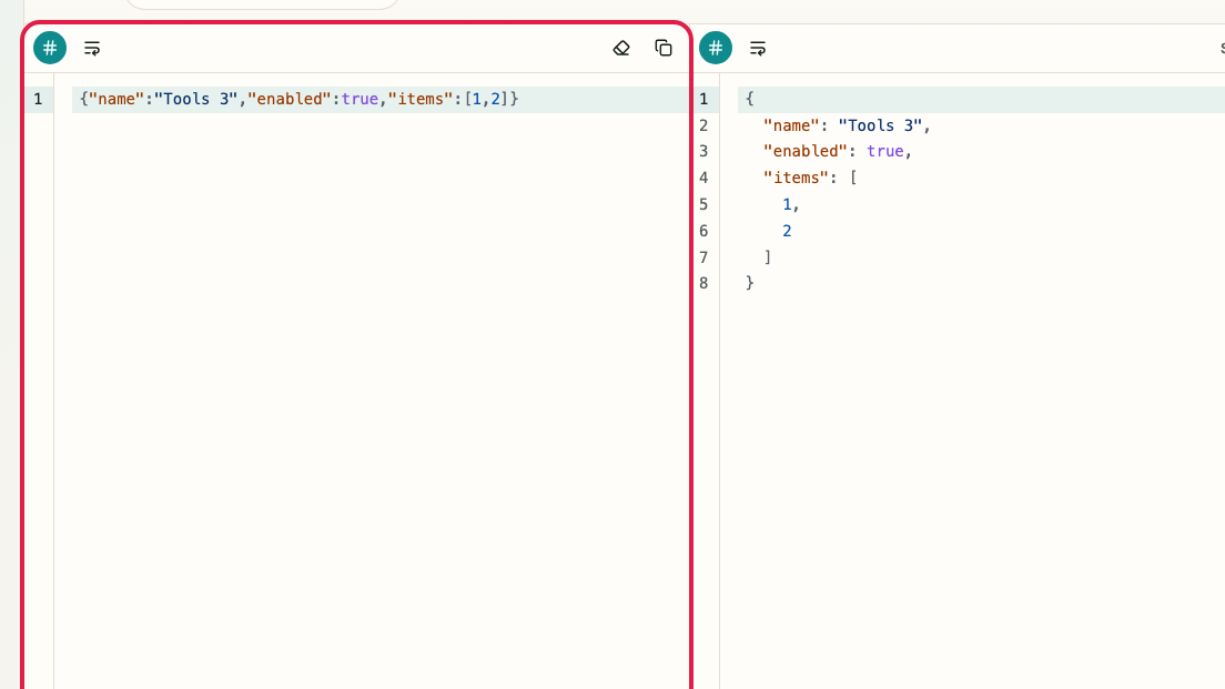 Pantalla que muestra el Área de entrada y validación de JSON en Formateador JSON