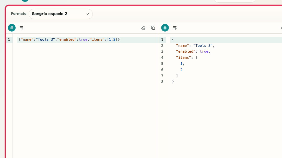 Pantalla que muestra el Área de revisión y copia del resultado en Formateador JSON