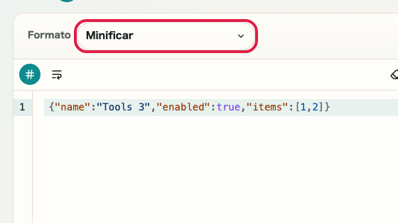 Pantalla que muestra dónde usar Minificar en Formateador JSON