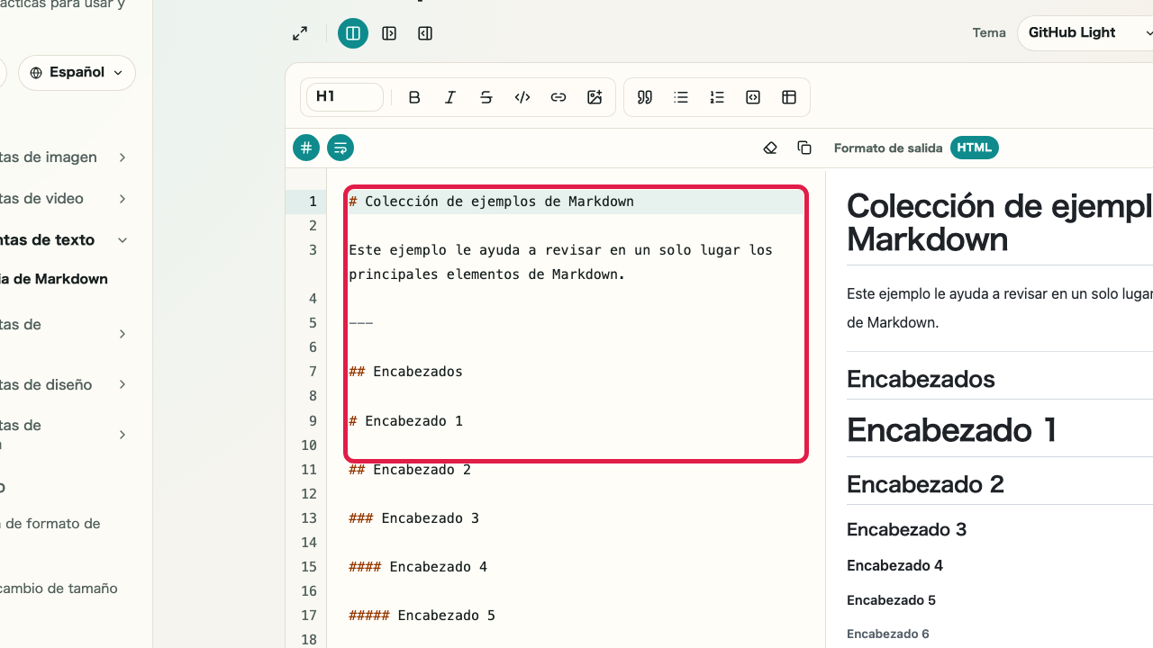 Pantalla que muestra el área de entrada Markdown en Vista previa de Markdown