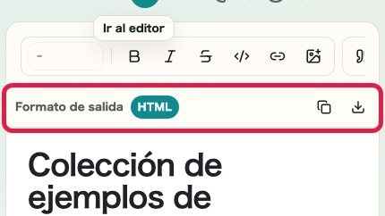 Pantalla que muestra salida HTML y revisión de bloques de código en Vista previa de Markdown