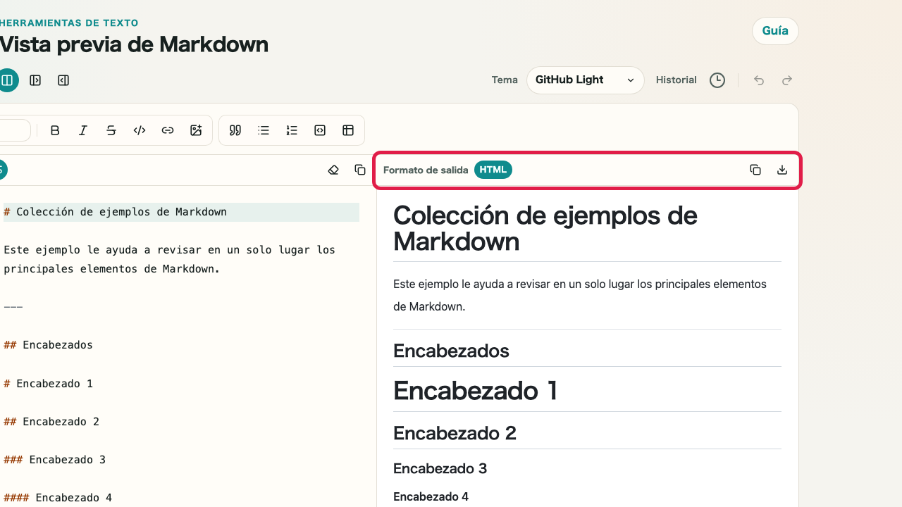 Pantalla que muestra salida HTML y revisión de bloques de código en Vista previa de Markdown