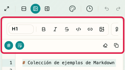 Pantalla que muestra la barra de formato y ayudas de edición en Vista previa de Markdown