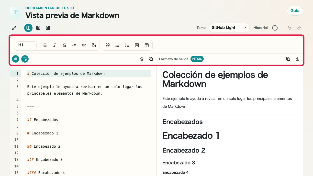Pantalla que muestra la barra de formato y ayudas de edición en Vista previa de Markdown