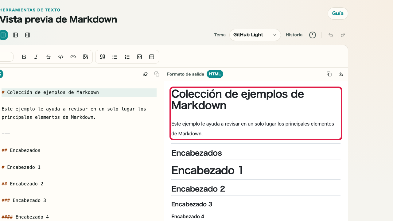 Pantalla que muestra vista previa, tema y controles de vista en Vista previa de Markdown