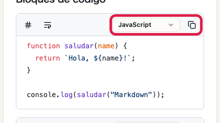 Pantalla que muestra salida HTML y revisión de bloques de código en Vista previa de Markdown: Ayudas de bloque de código