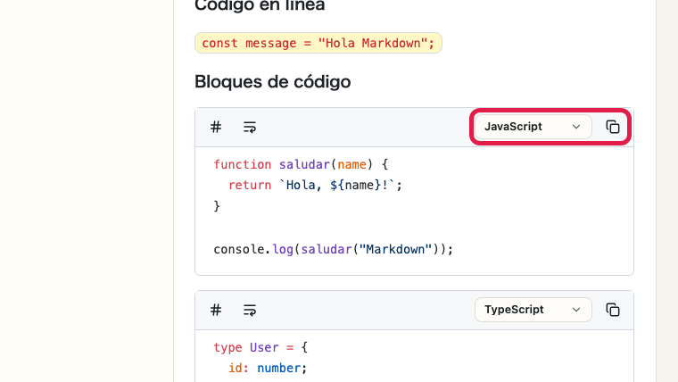 Pantalla que muestra salida HTML y revisión de bloques de código en Vista previa de Markdown: Ayudas de bloque de código