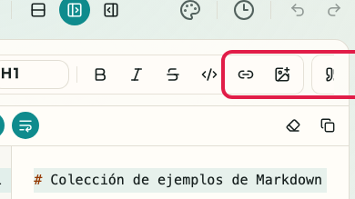 Pantalla que muestra el área de entrada Markdown en Vista previa de Markdown: Enlaces, imágenes, código y tablas
