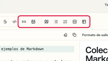 Pantalla que muestra el área de entrada Markdown en Vista previa de Markdown: Enlaces, imágenes, código y tablas