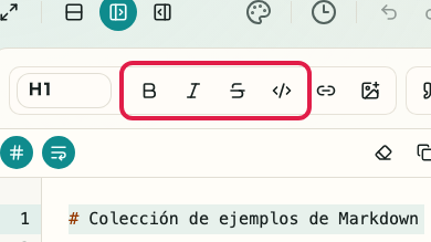Pantalla que muestra el área de entrada Markdown en Vista previa de Markdown: Énfasis y código en línea